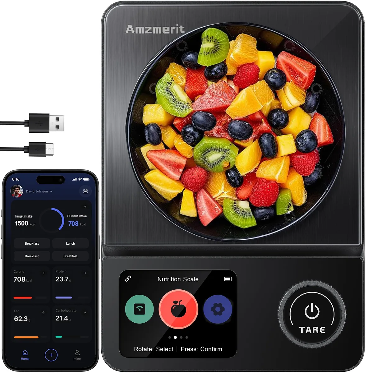 Black rectangular food scale with 2.8in TFT display and stainless steel platform