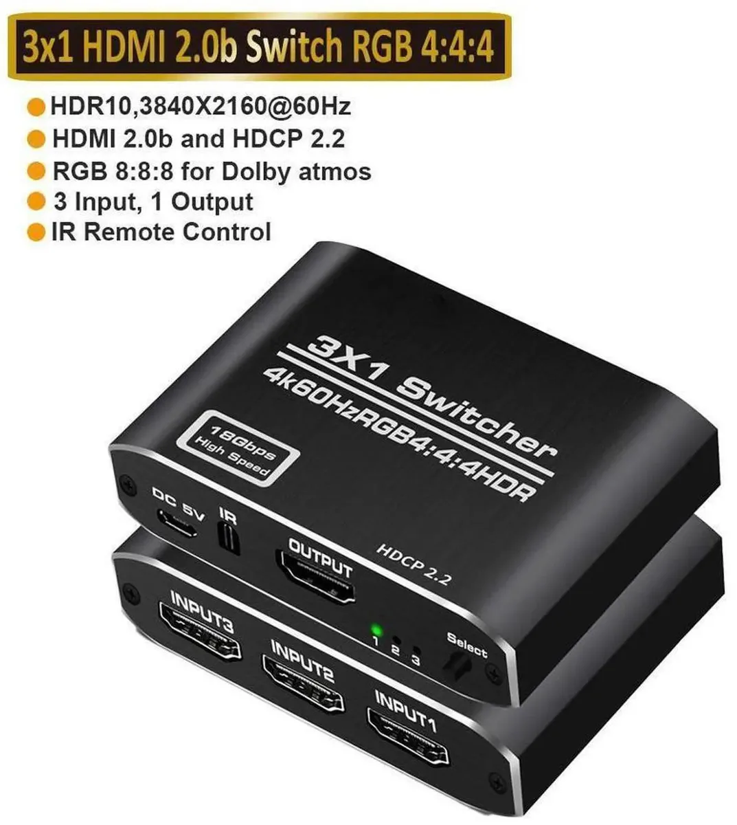 SMUGDESK SMUGDESK 3 Port HDMI Switch 4K@60Hz IR Remote — product photo