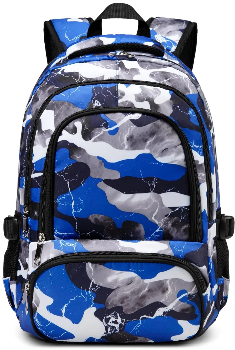 Camo-blue 17-inch polyester backpack with padded straps and multiple zippered pockets