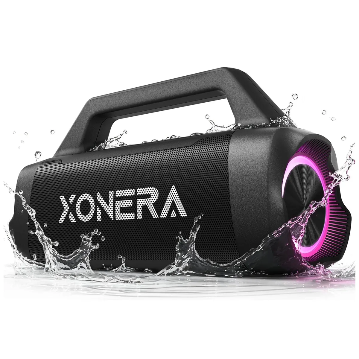 Black rectangular Bluetooth speaker with top carry handle, fabric grille and rubberised base