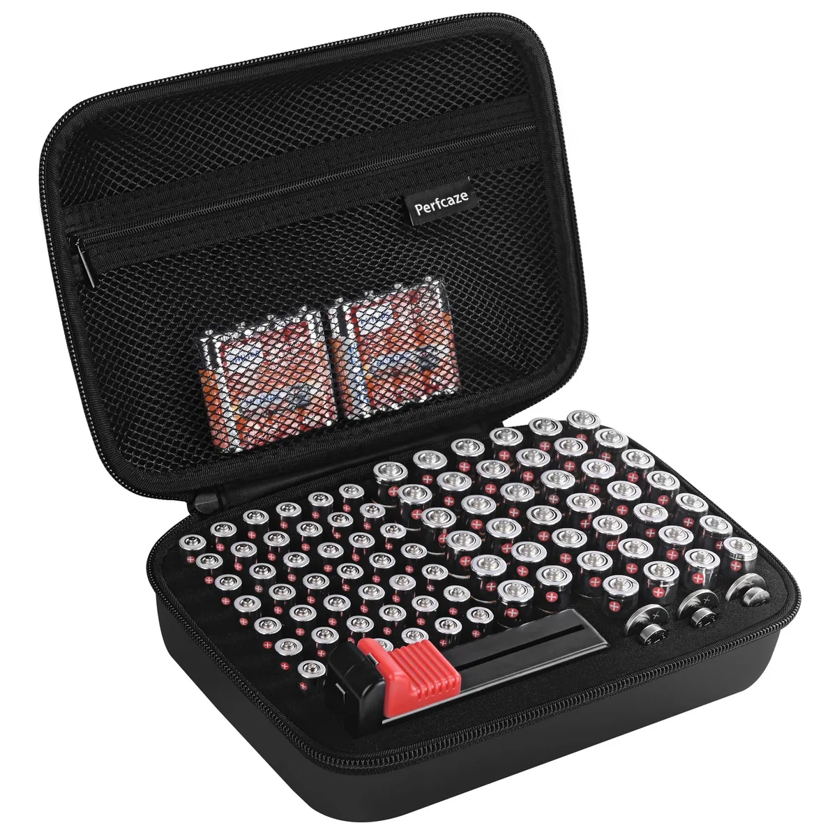 Black EVA hard-shell battery case with zip, internal tester and mesh pocket for 88 cells