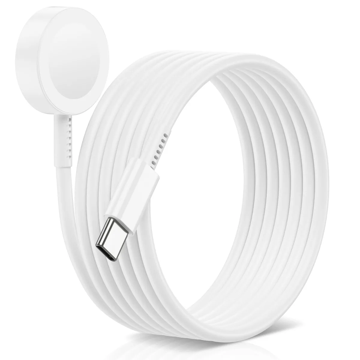 White USB-C to Apple Watch magnetic charging cable coiled loosely