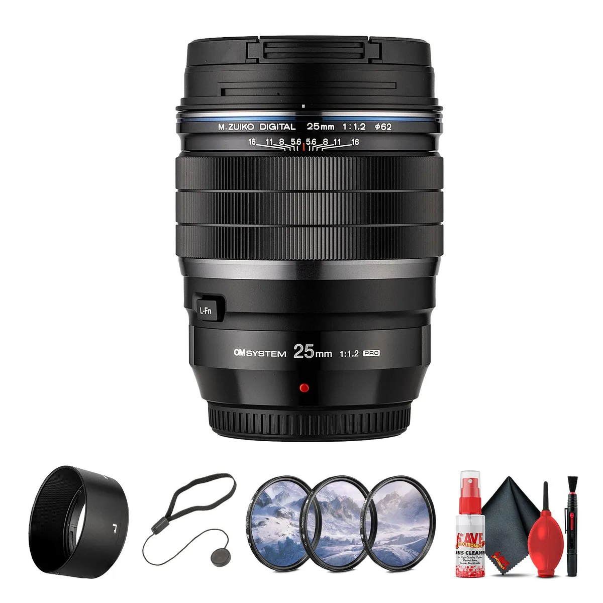 OM System OM System M.Zuiko Digital ED 25mm f/1.2 PRO lens bundle with filter kit, hood, cleaning kit, cap keeper — product photo