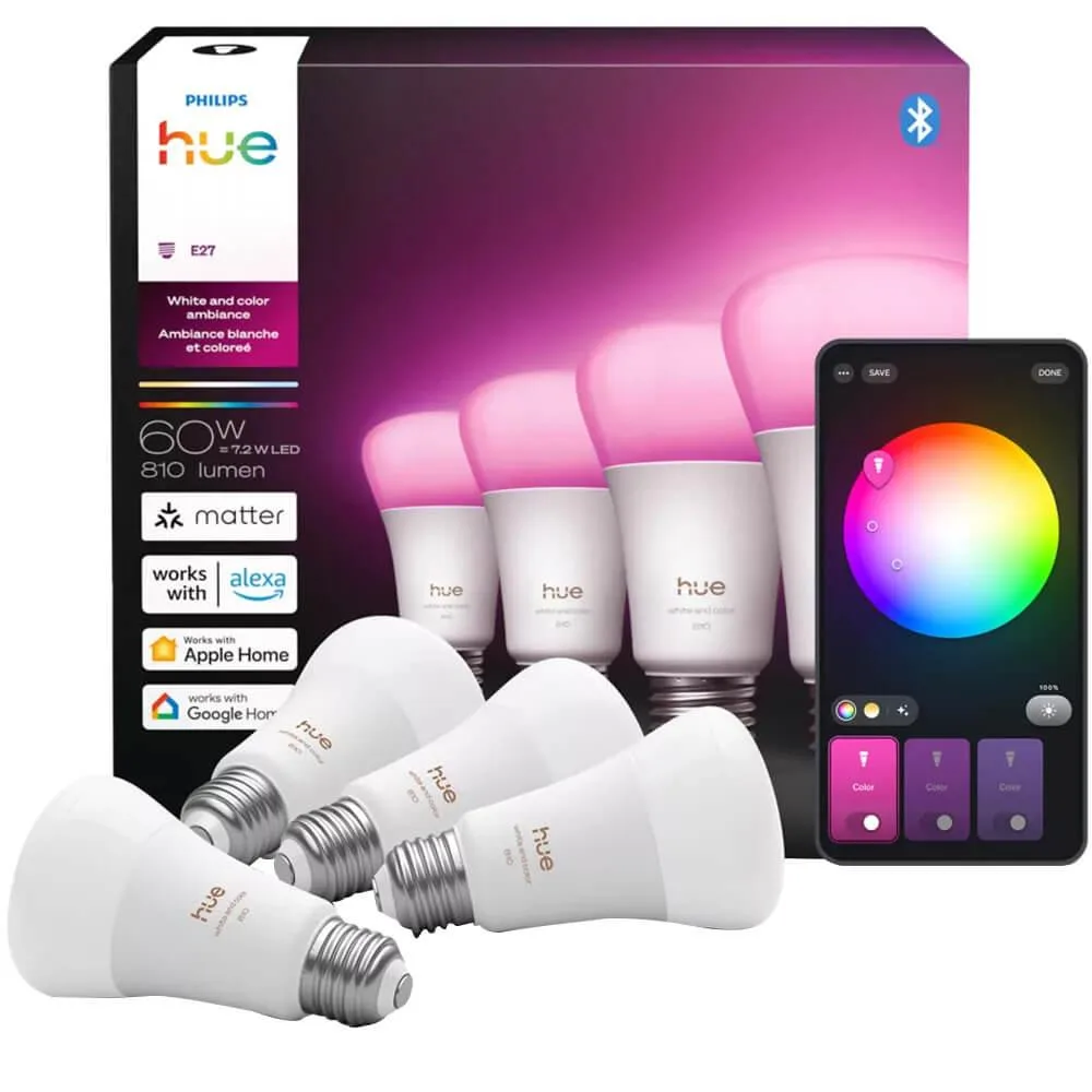Philips Philips Hue 591875 White &amp; Color Ambiance 60W A19 Bluetooth LED Smart Bulb (4-Pack) — product photo