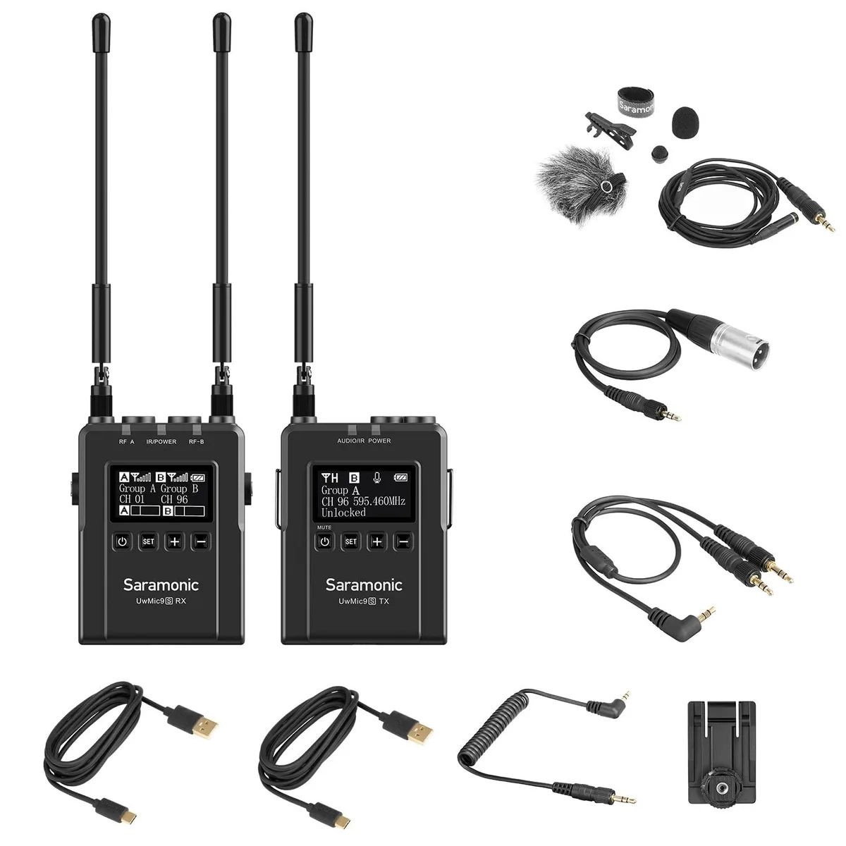 Black dual-channel camera-mount receiver with two belt-pack transmitters, lavalier mics, windscreens and hard case