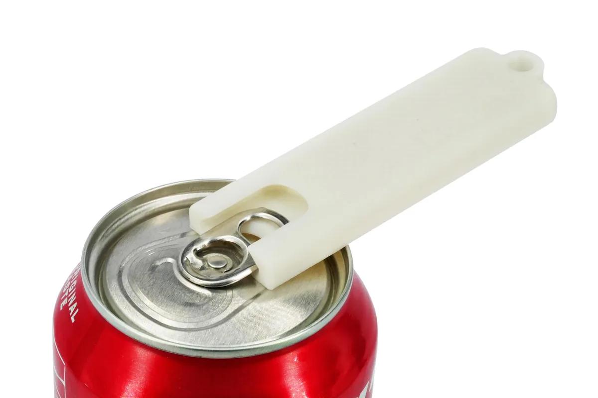 White plastic manual can opener, pocket-sized, weighs .01 lbs