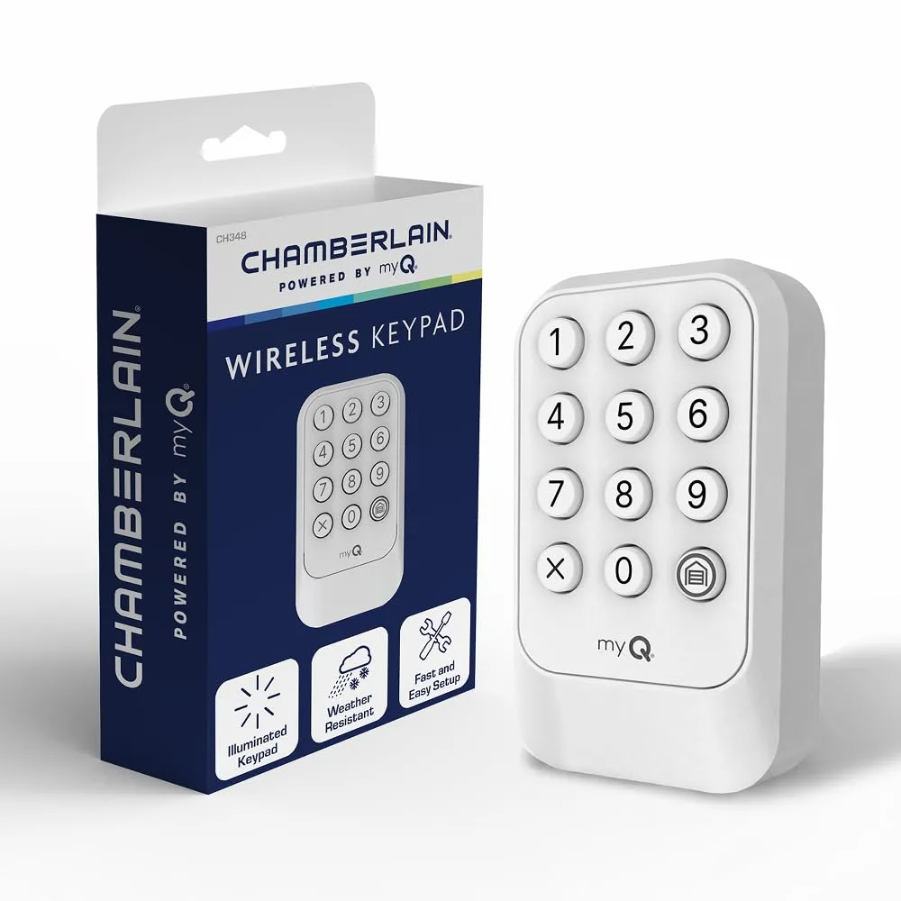 Black rectangular wireless garage door keypad with numeric buttons, wall-mount design, weather-resistant finish
