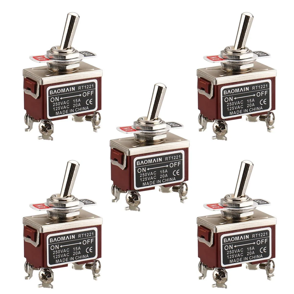 5-Pack Toggle Switch RT1221 ON-Off DPST 4-Pin 15A 250V AC 20A 125V AC 12mm Mounting Hole Screw Terminal — product photo