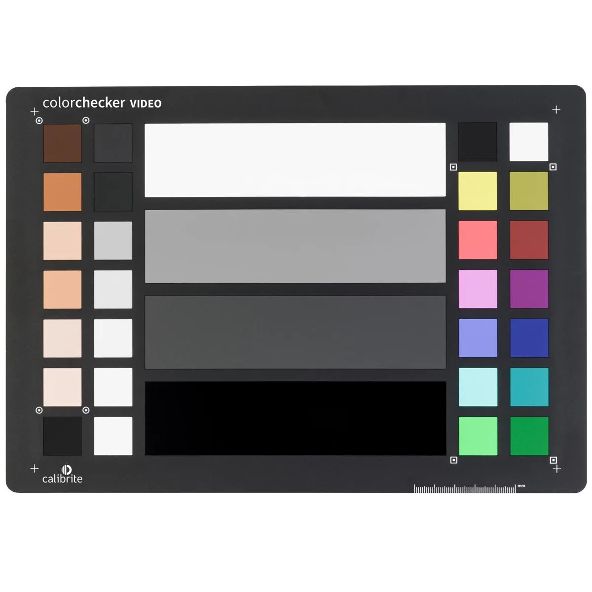 Rectangular color chart with multiple swatches, white balance card on reverse, 215.9 by 279.4 mm