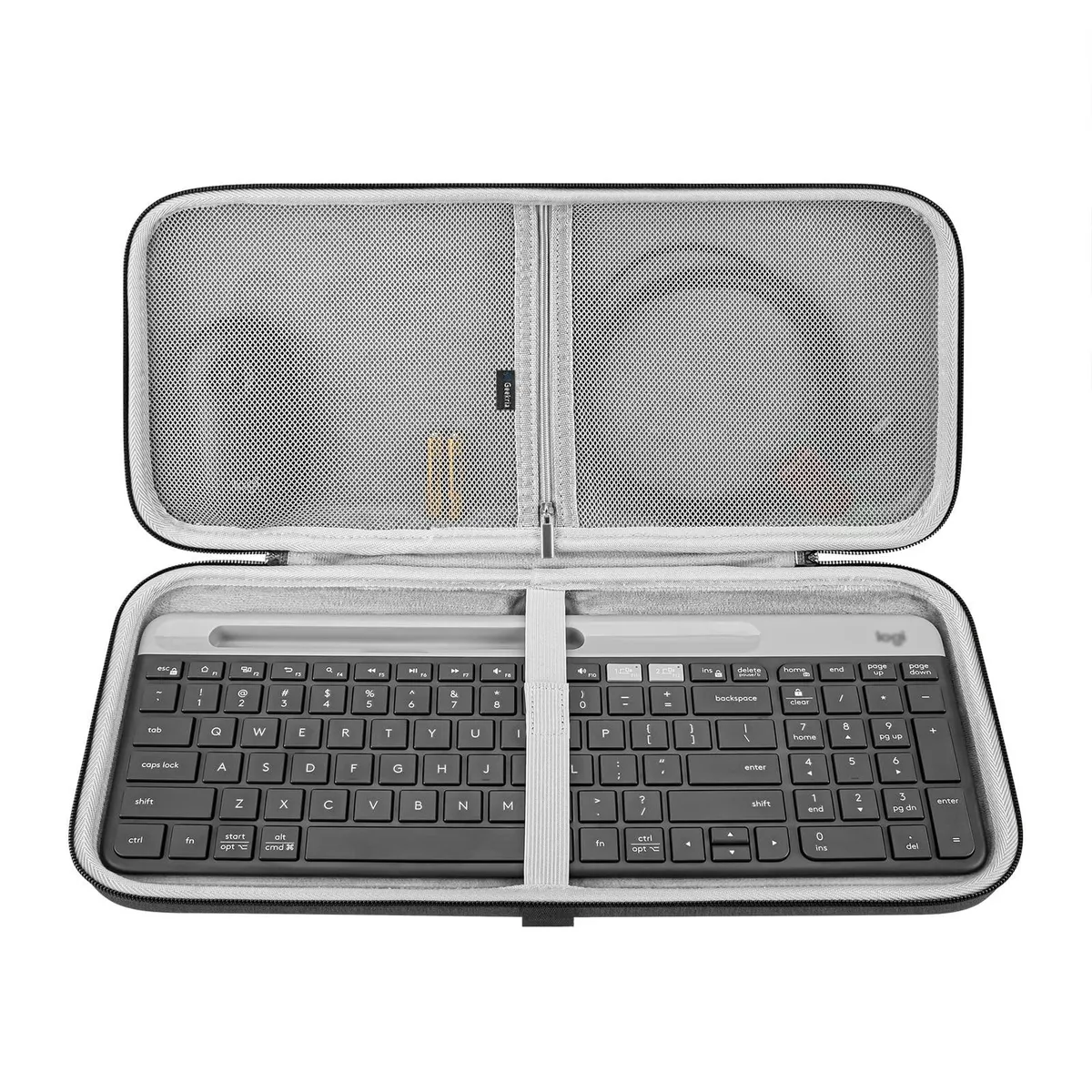 Dark gray hard shell keyboard case with zipper and mesh pocket