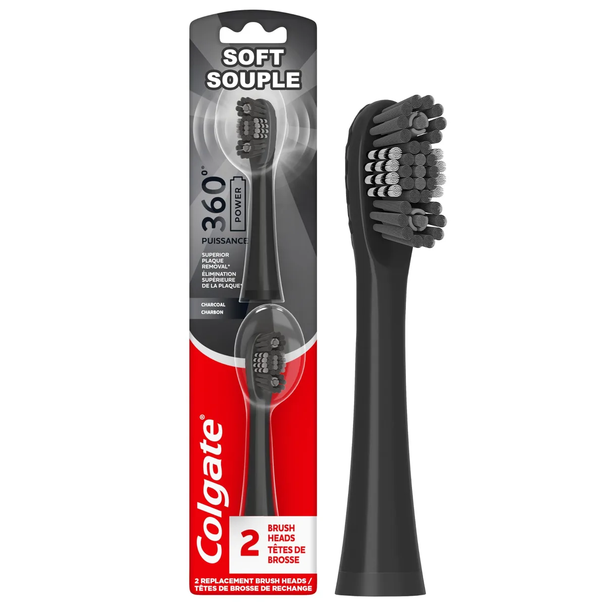 Two black Colgate 360 battery toothbrush heads with charcoal bristles in blister pack