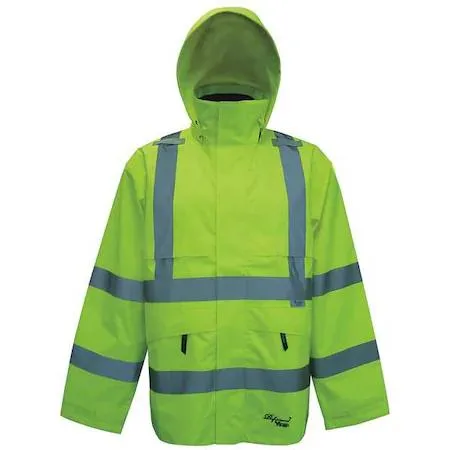 Green hi-viz safety jacket with detachable hood and double storm flap front closure
