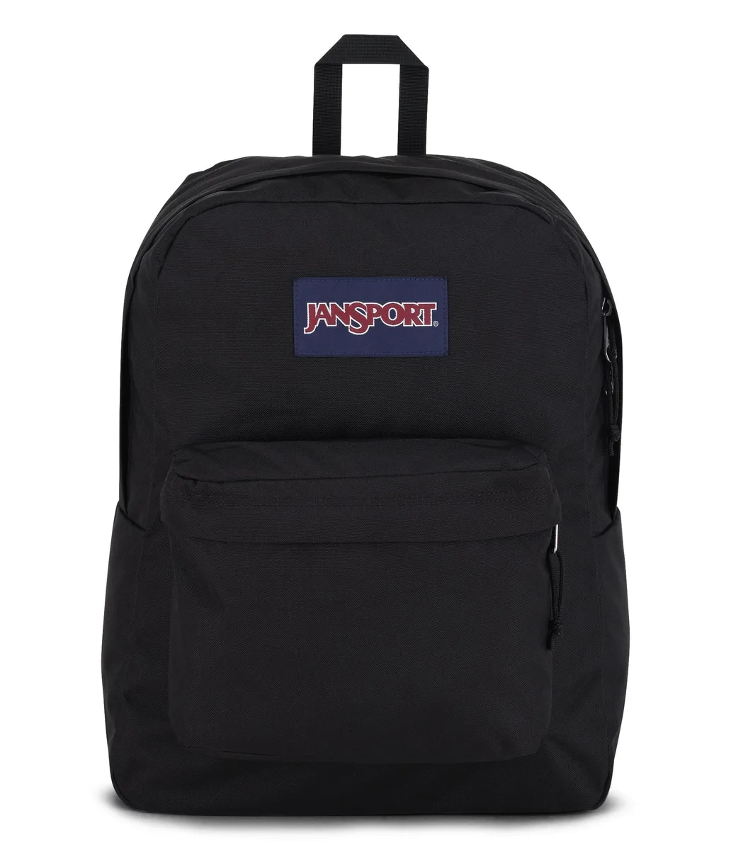 Black rectangular backpack with padded shoulder straps, front zip pocket, web haul handle, 26 L capacity