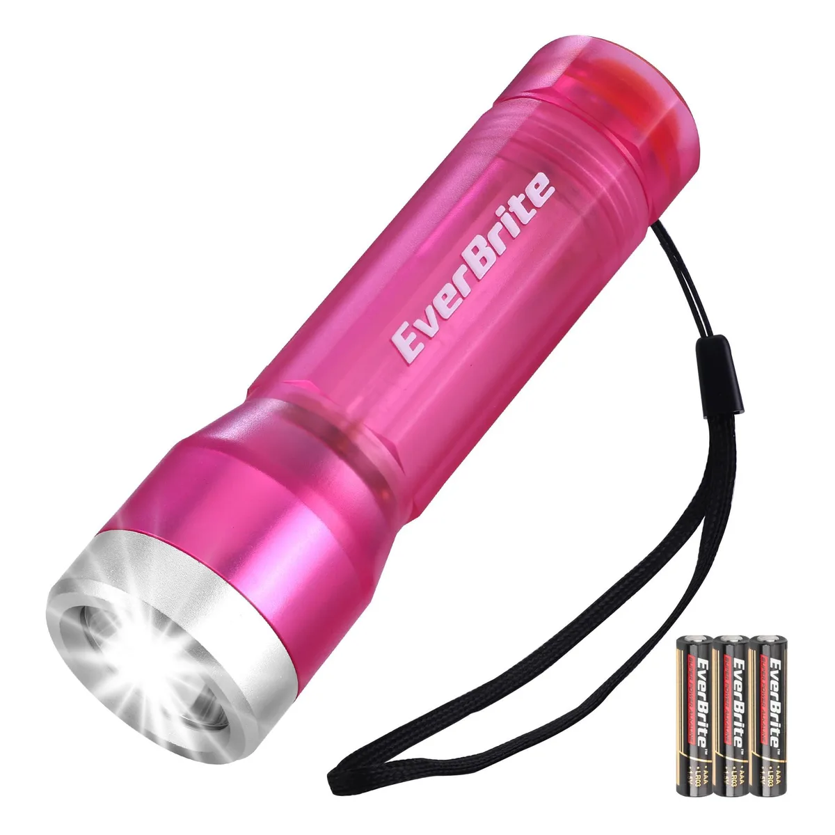 Pink hexagonal mini flashlight with translucent shell and lanyard hole