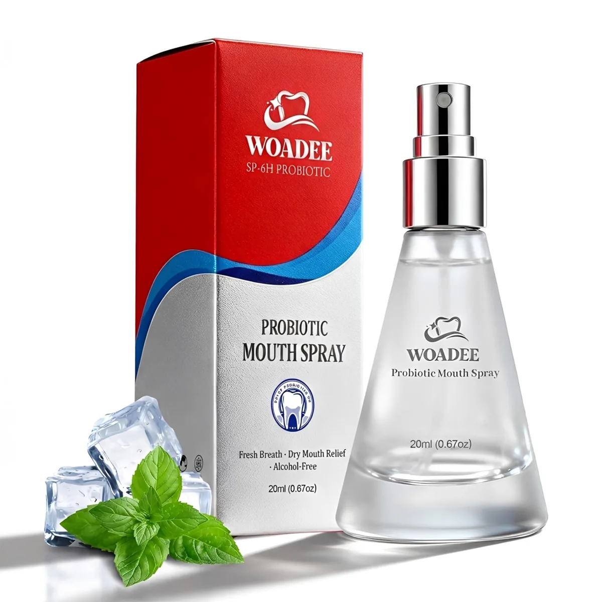 White 20ml oral spray bottle with mint probiotic formula