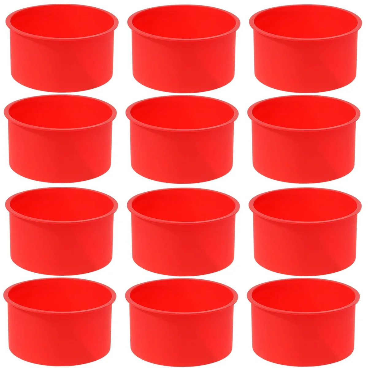 Twelve red silicone round cake molds, 4.1 inch diameter, 1.9 inch high