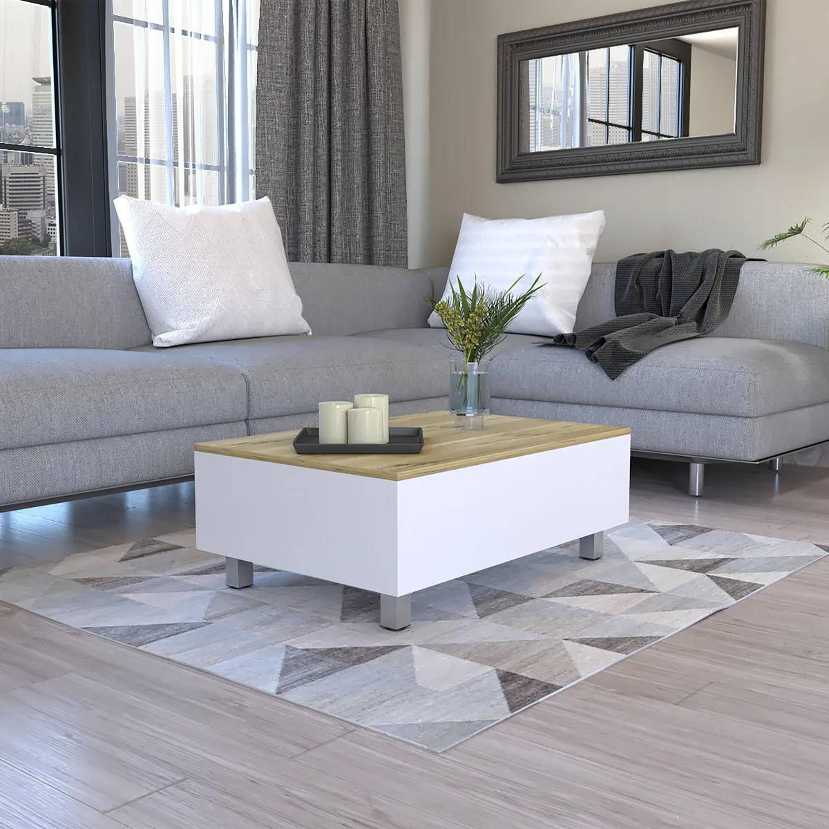 White and light oak lift-top coffee table on four legs