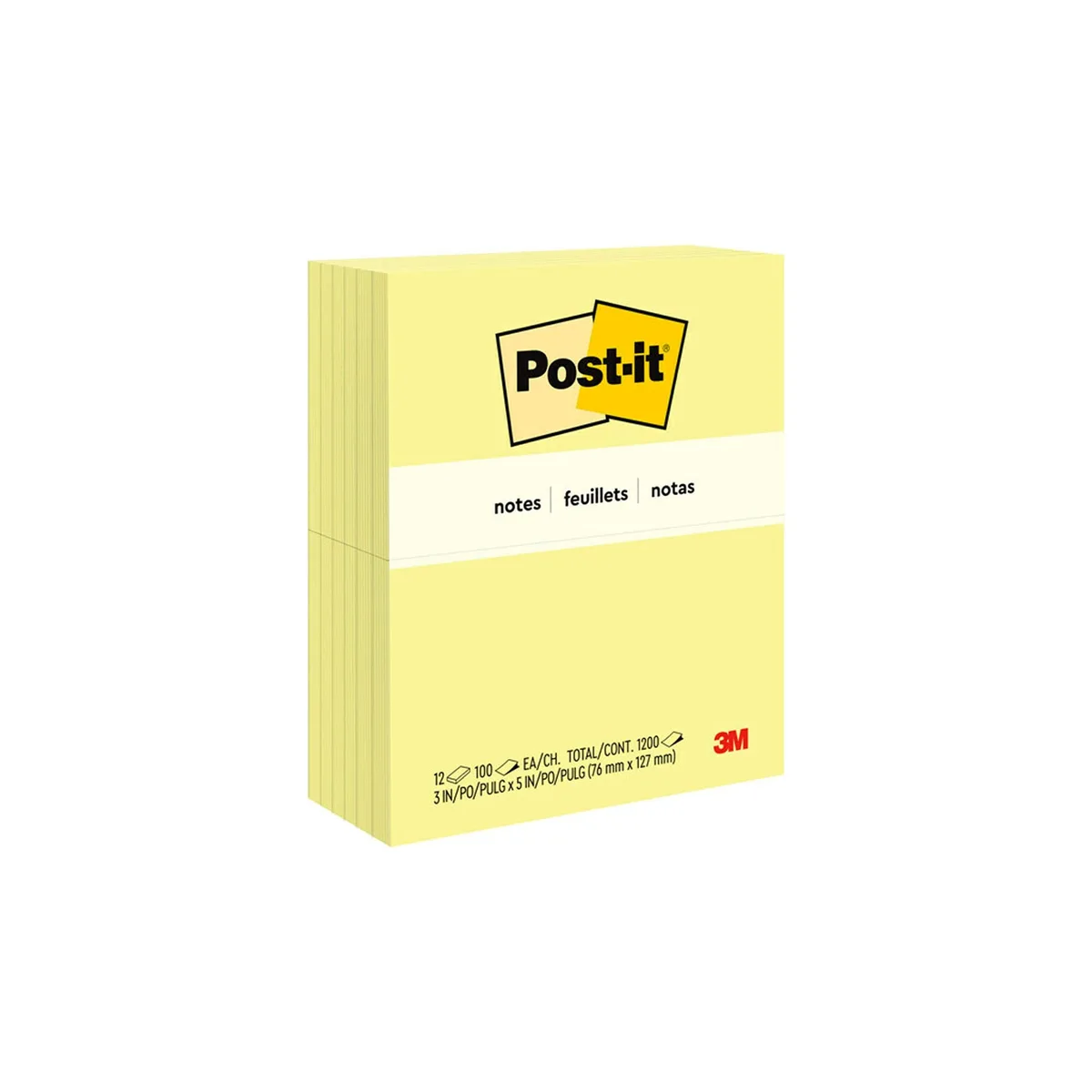 Twelve rectangular pads of Canary Yellow sticky notes, each pad bound at the top edge