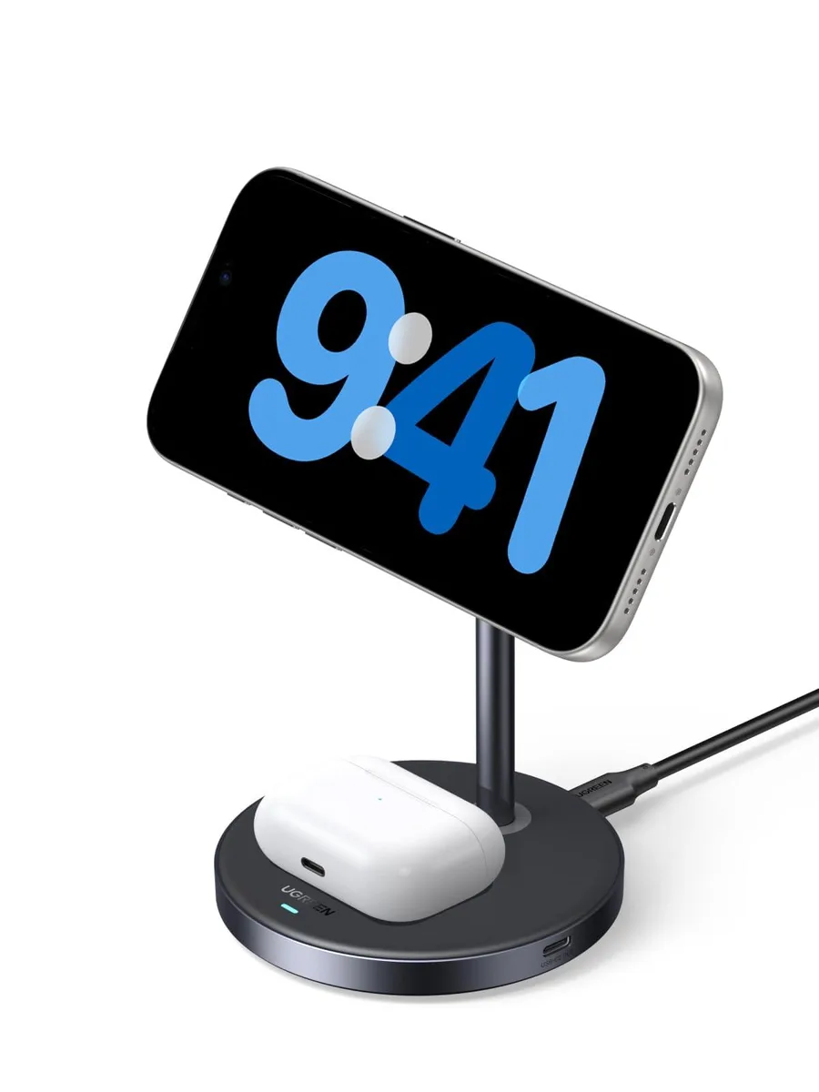 White Ugreen Qi2 15W 2-in-1 wireless charging stand with phone cradle and AirPods pad