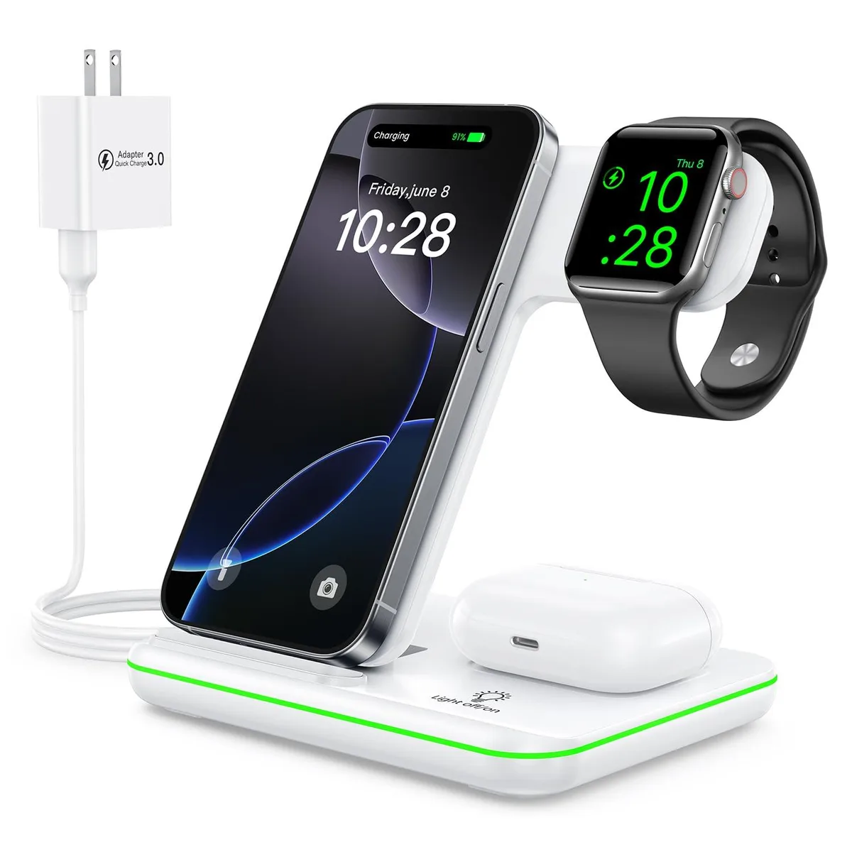 White foldable 3-in-1 wireless charging station for iPhone Apple Watch and AirPods