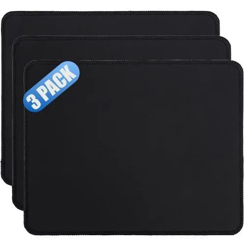 Three black rectangular mouse pads with stitched edges and rubber base