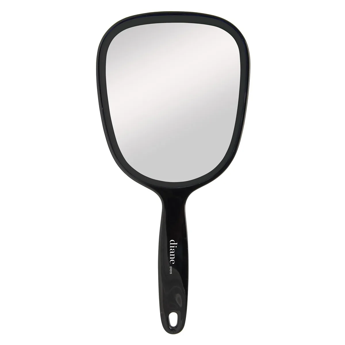 Black rectangular handheld mirror with ergonomic handle and hanging hole, 5 by 11 inches