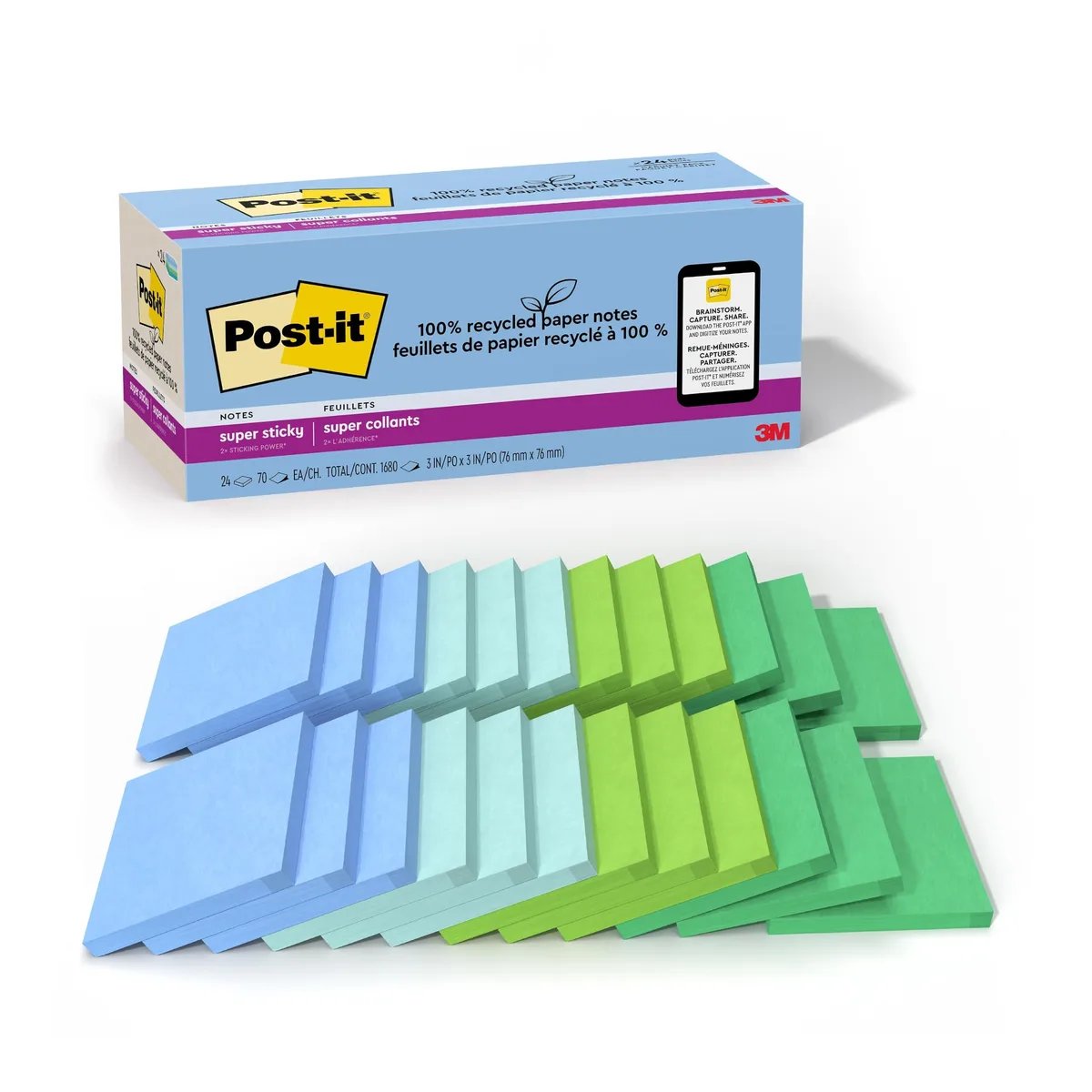 A cardboard box holding twenty-four square sticky-note pads in muted blues and greens