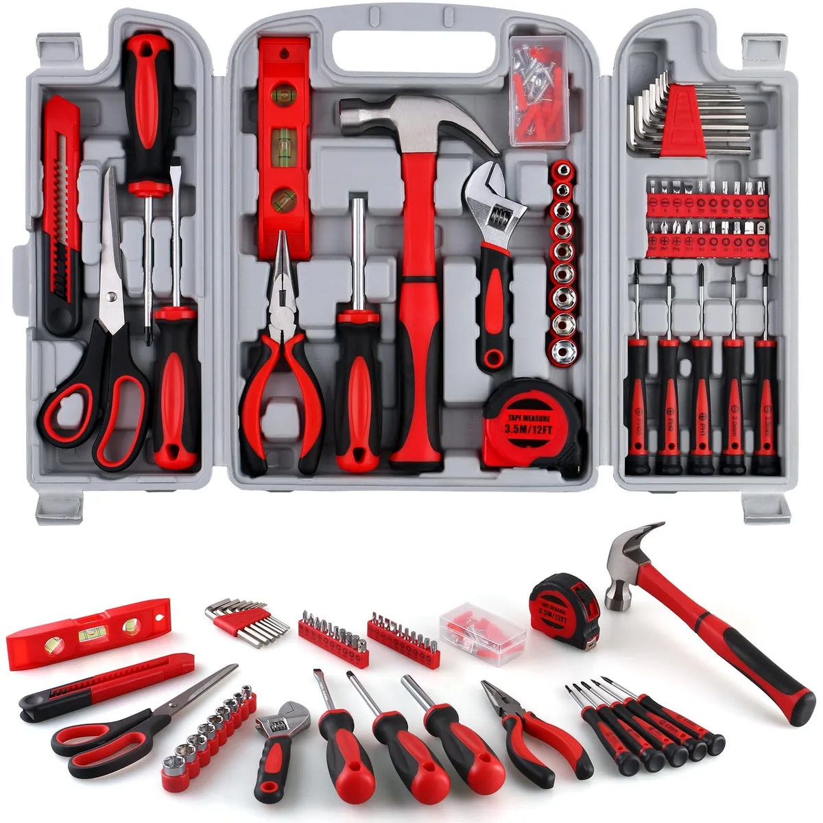 Blue foldable toolbox open showing 156 hand tools in organised compartments