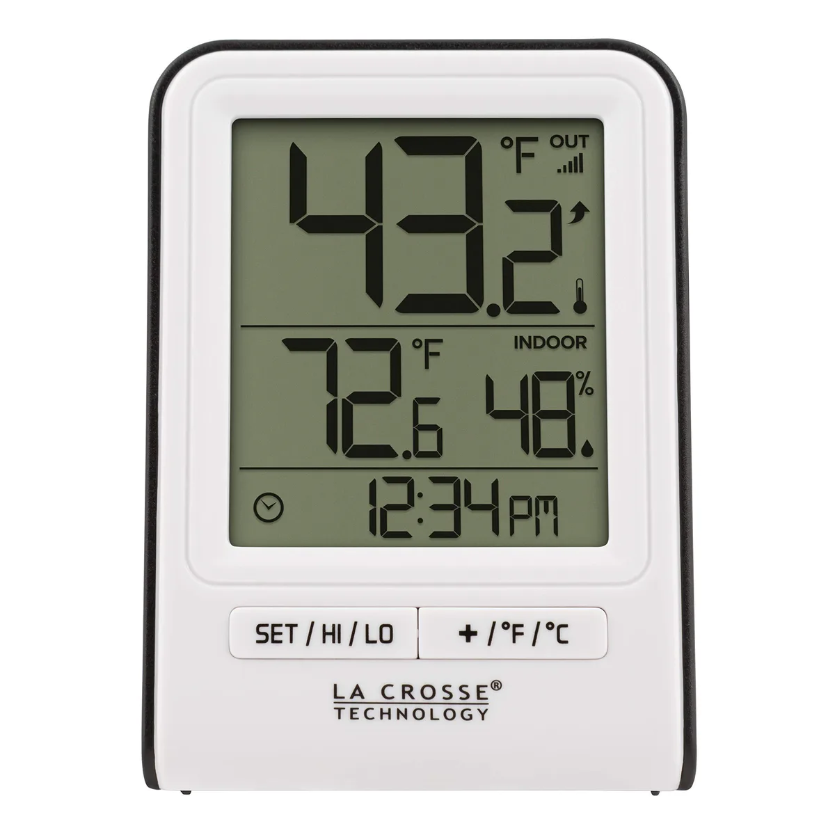 White rectangular thermometer with monochrome display and wireless outdoor sensor