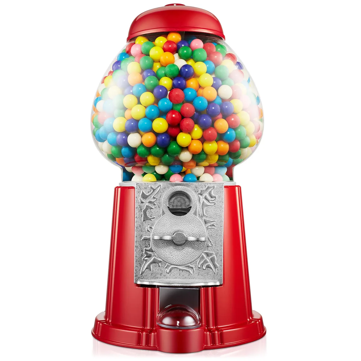 Red 15-inch countertop gumball machine with glass globe and cast metal base, lid, and coin mechanism