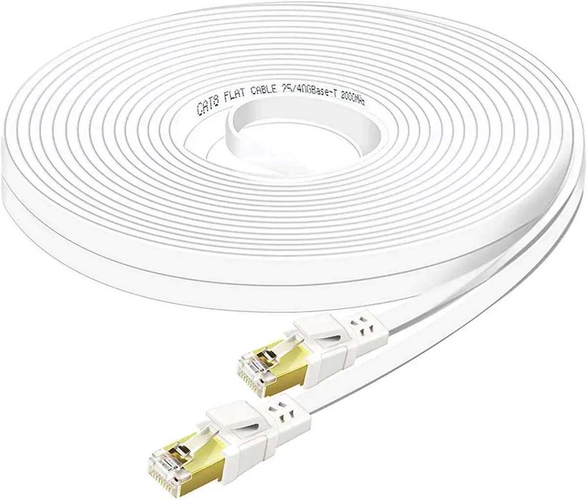 Flat white Cat8 ethernet cable 50FT with gold RJ45 plugs