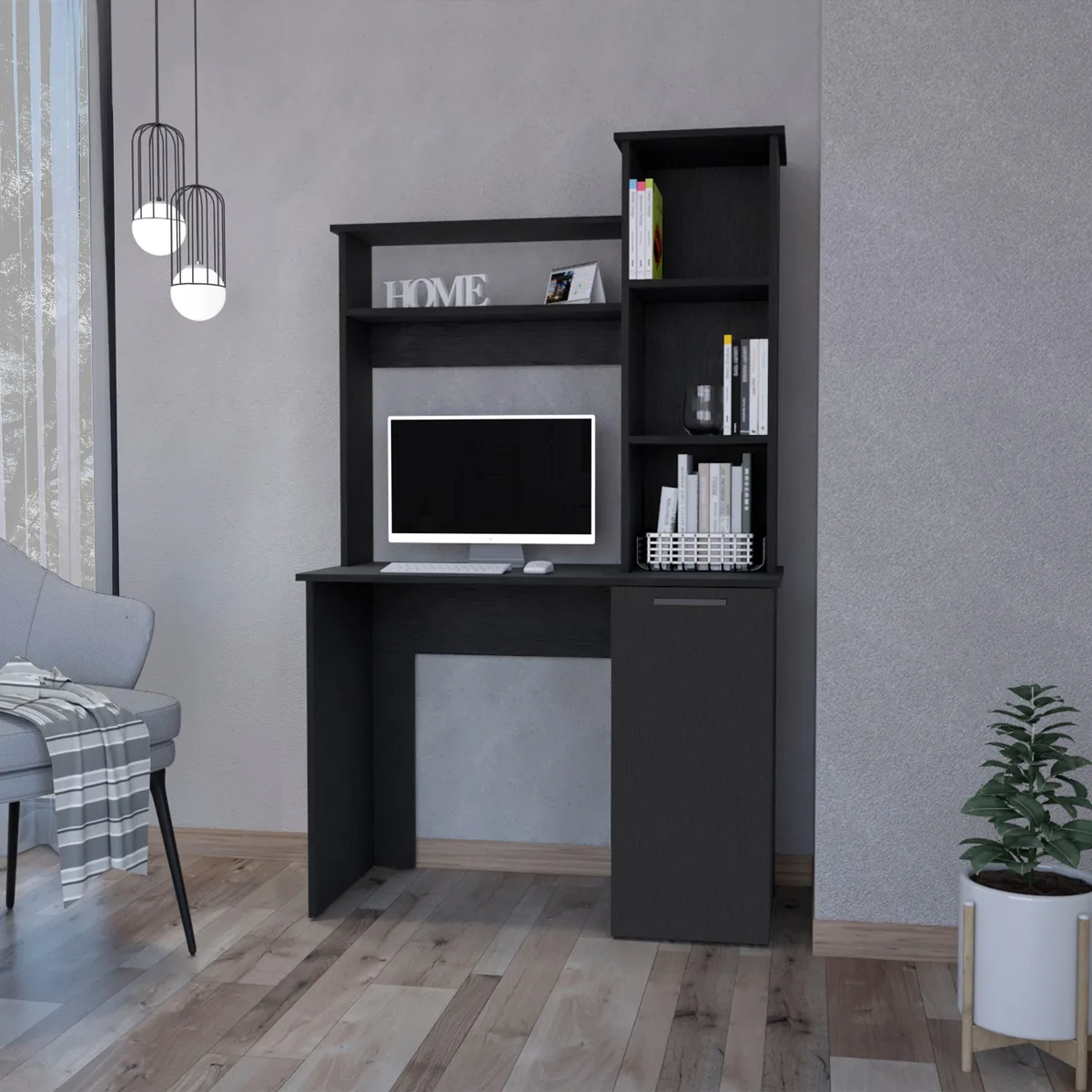 FM FURNITURE FM FURNITURE Rumford Computer Desk with Hutch and 3-Tier Storage Shelves, Black — product photo