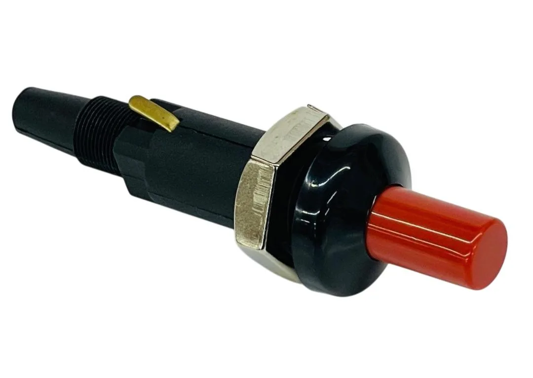 Small black cylindrical pushbutton igniter with metal threaded shaft and wire connector