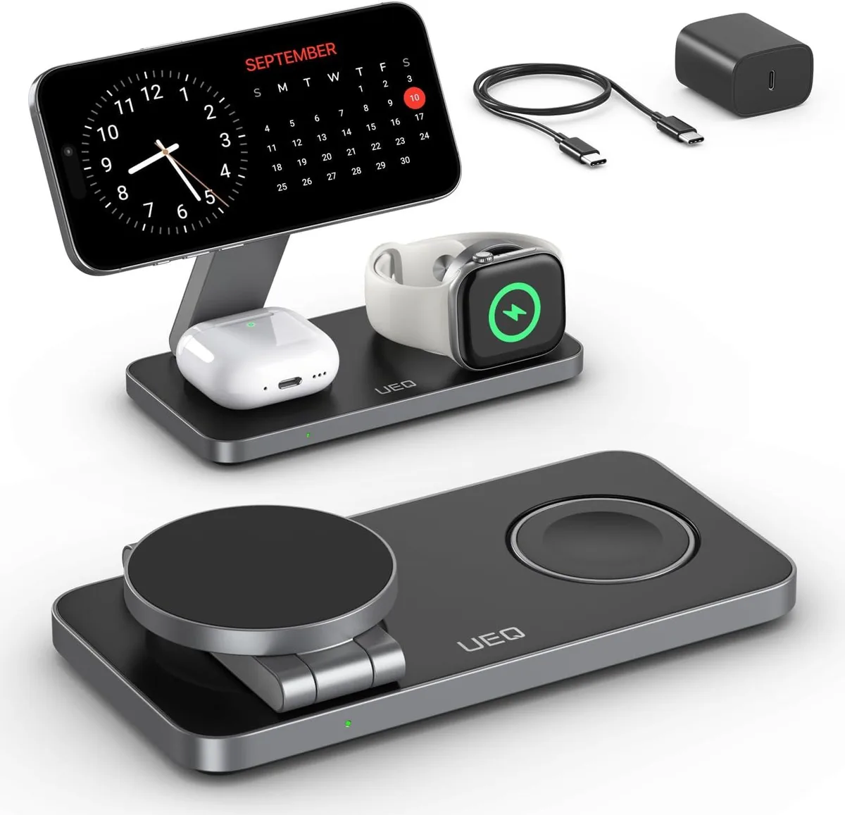 Foldable 3-in-1 wireless charging station in pure black with adjustable phone and watch modules