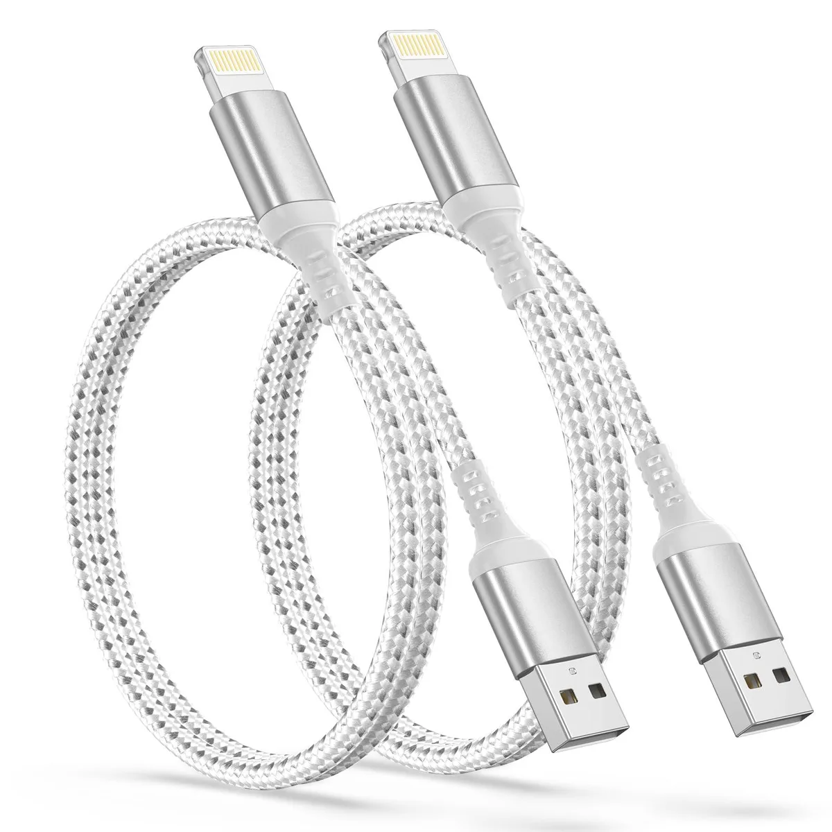 Two short grey braided USB-A to Lightning cables coiled together