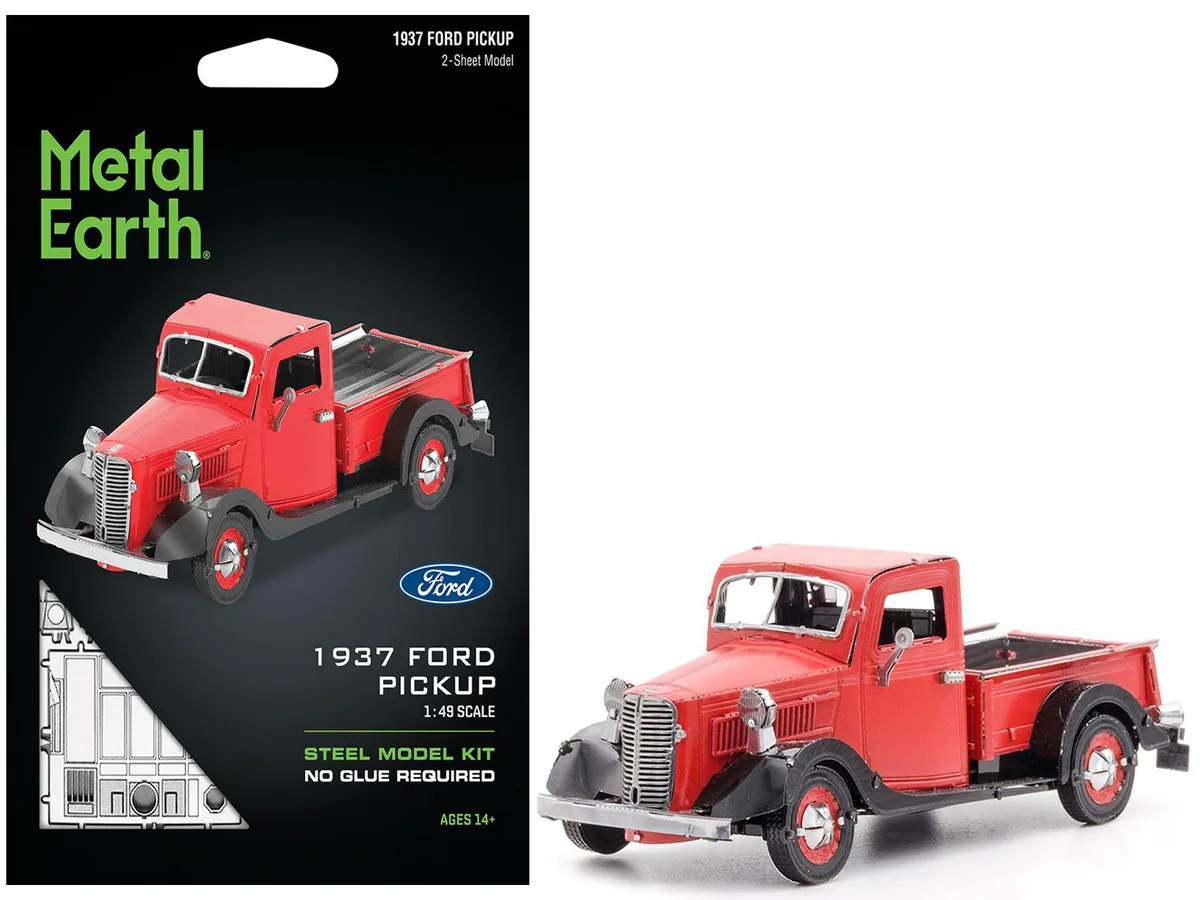 Metal Earth Metal Earth 1937 Ford Pickup Truck Red Black Moderate Difficulty hobby collectible — product photo