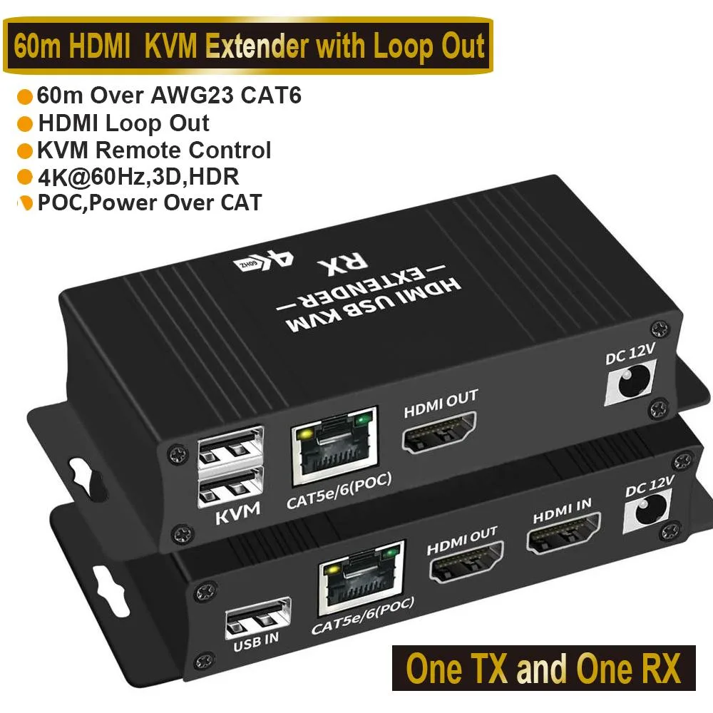 ESTONE ESTONE OZD5-1D6-1 4K 60Hz HDMI KVM USB Extender Cat5e/6 196ft 2 USB 2.0 Ports — product photo