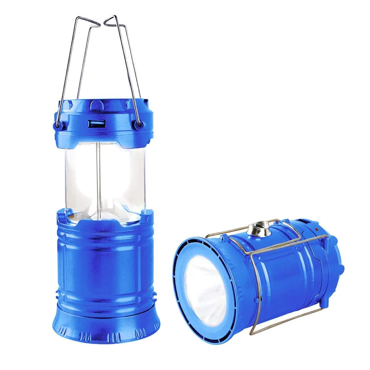 Compact blue lantern flashlight, collapsible ABS and PC body, three metal handles, solar panel on top