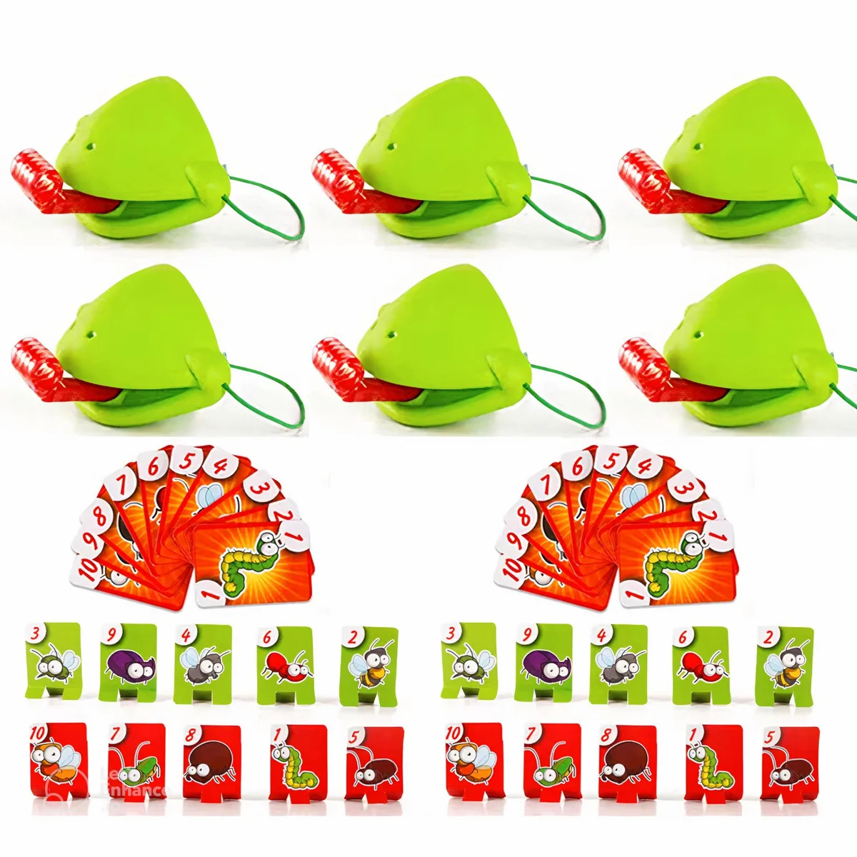 Six black frog masks with blow-out plastic tongues on a table