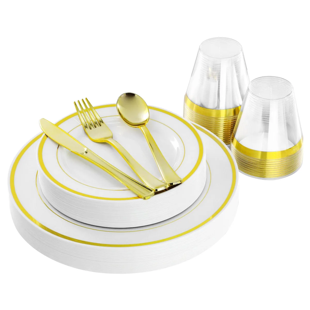 Elama Elama 150 Piece Disposable Plastic Dinnerware Set for 25 Guests White Gold Trim — product photo