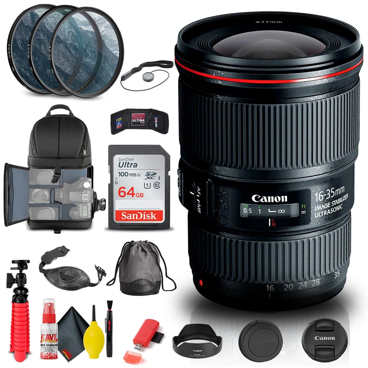 Canon Canon EF 16-35mm f/4L IS USM Lens Bundle with Filter Kit, Backpack, 64GB Card, Tripod, Accessories — product photo