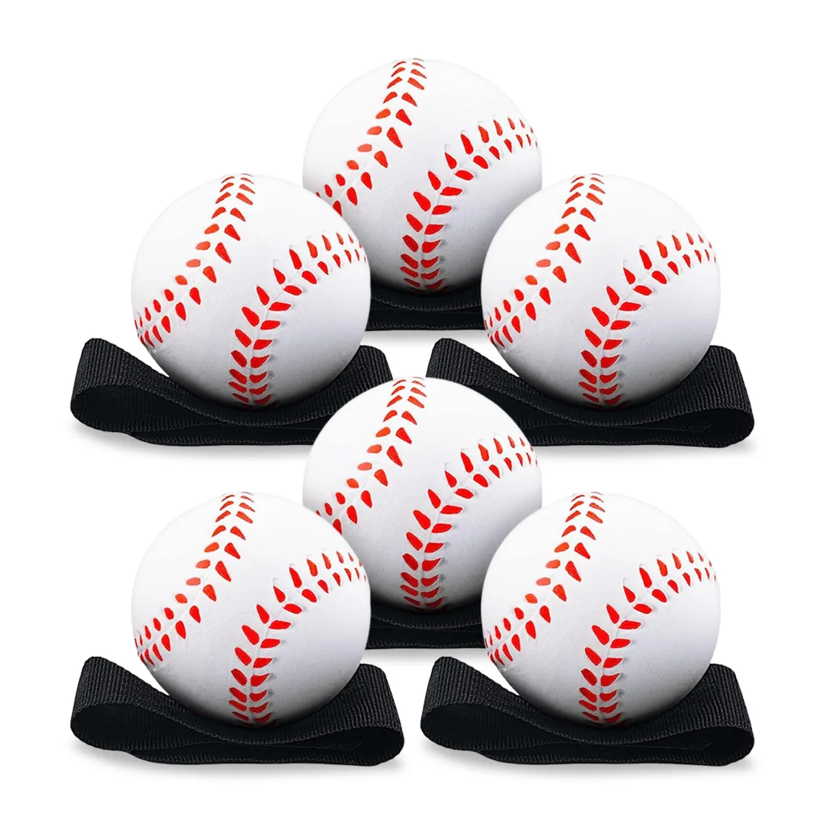 Six 2.25 inch rubber baseballs on elastic cords with Velcro wristbands