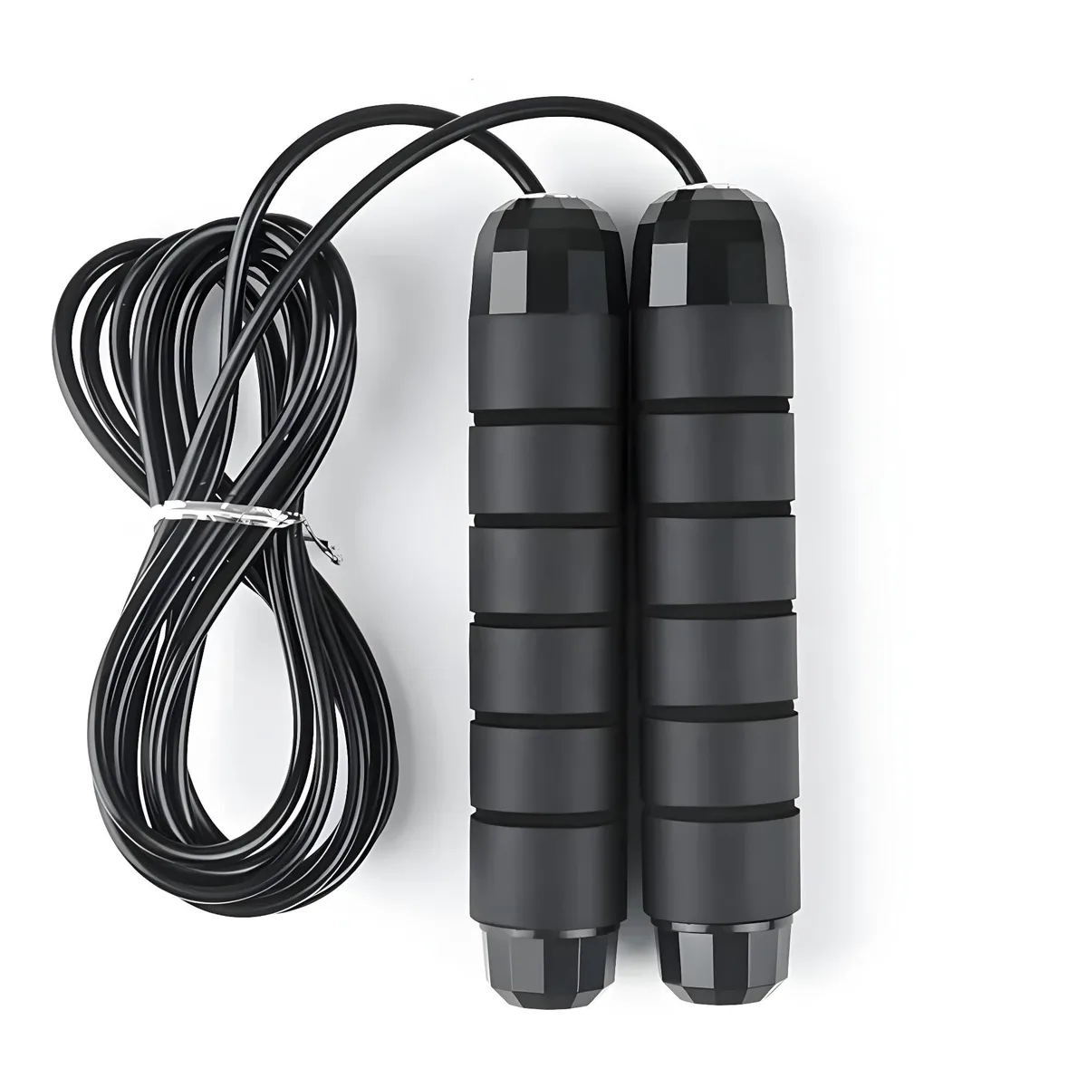 Black adjustable jump rope with ergonomic foam handles and PVC coated steel cable