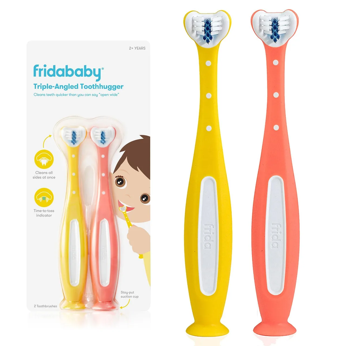 Two small toddler toothbrushes, one yellow and one pink, with triple-angled brush heads