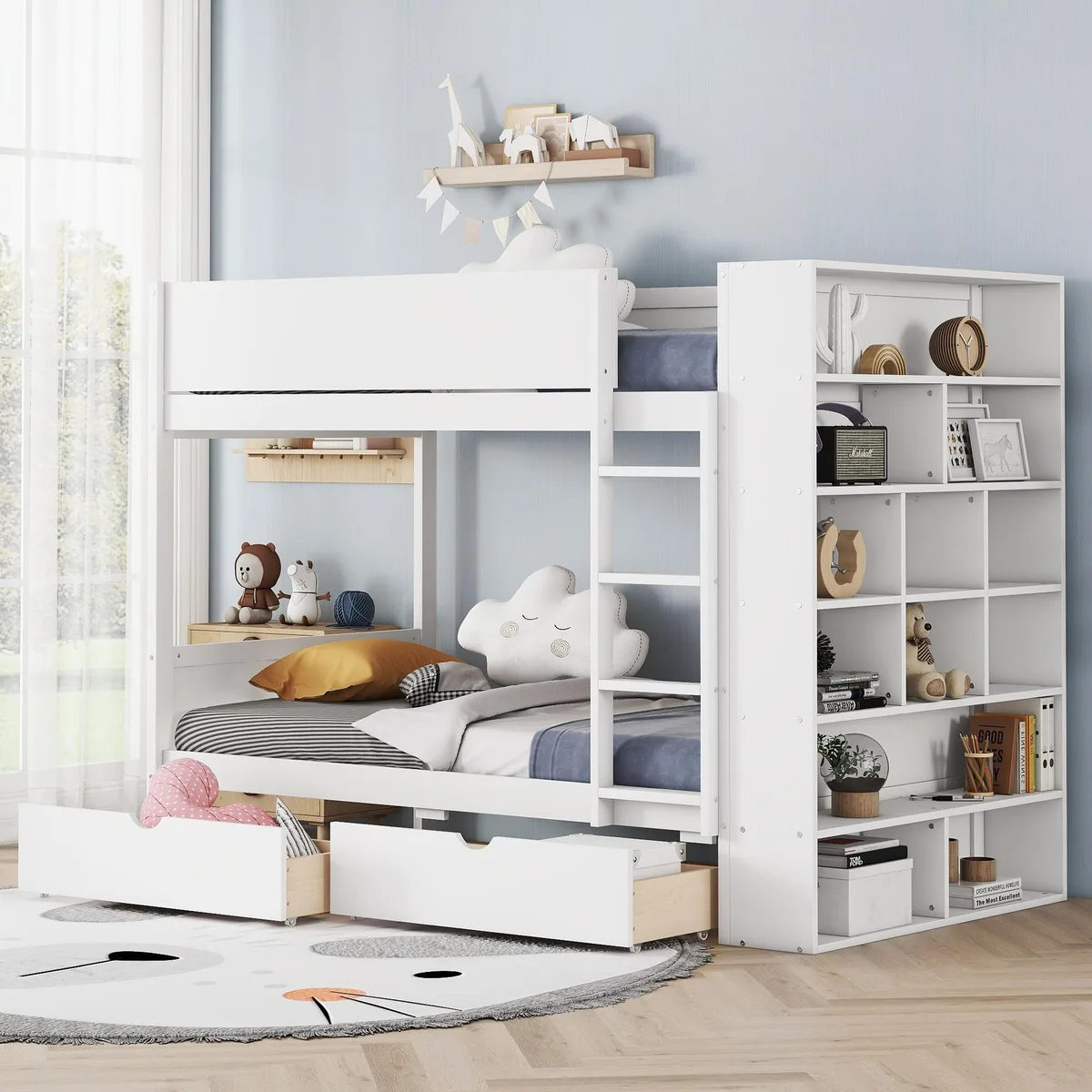 White twin-over-twin bunk bed with two drawers and multi-layer cabinet
