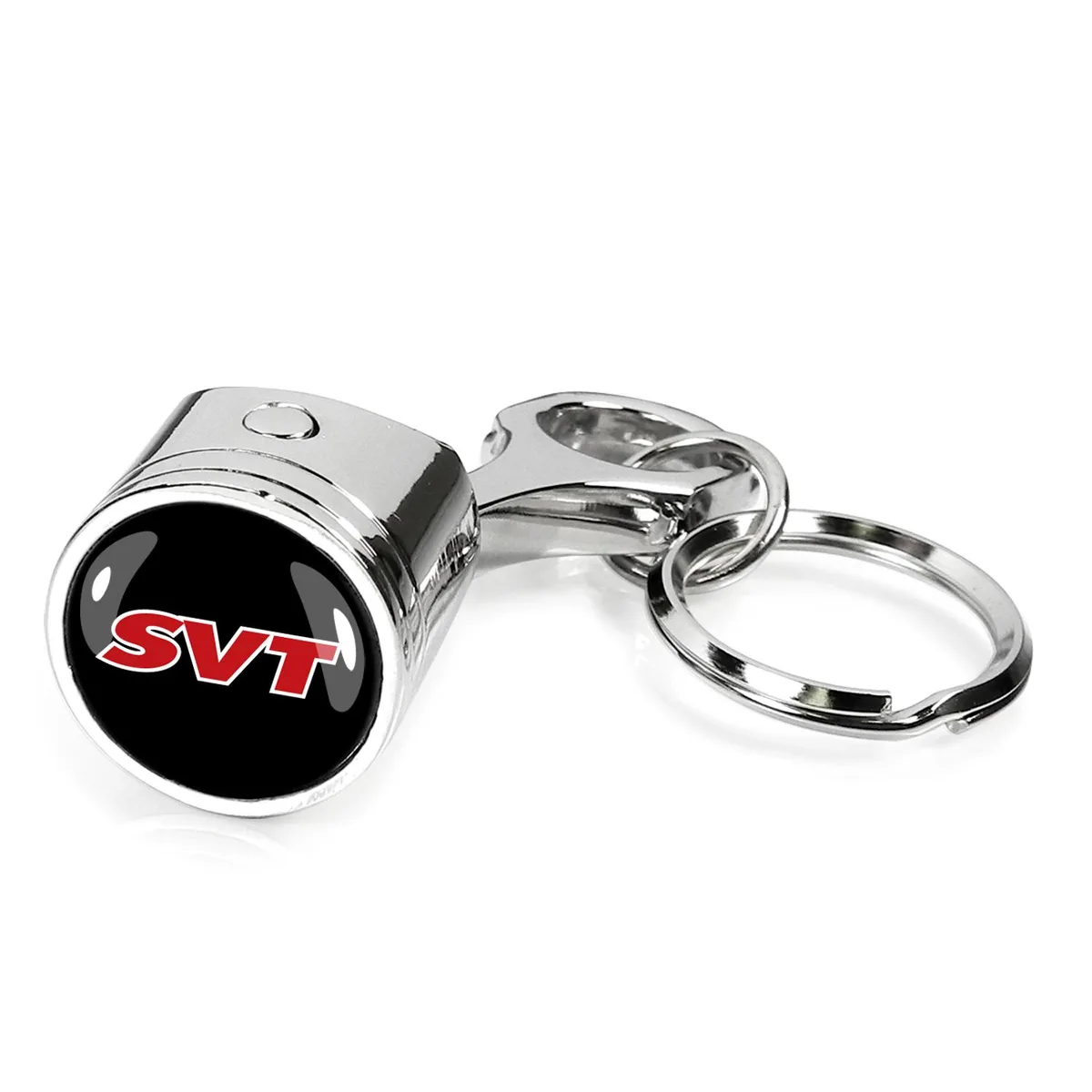 Chrome metal piston and connecting rod key chain with Ford SVT logo dome