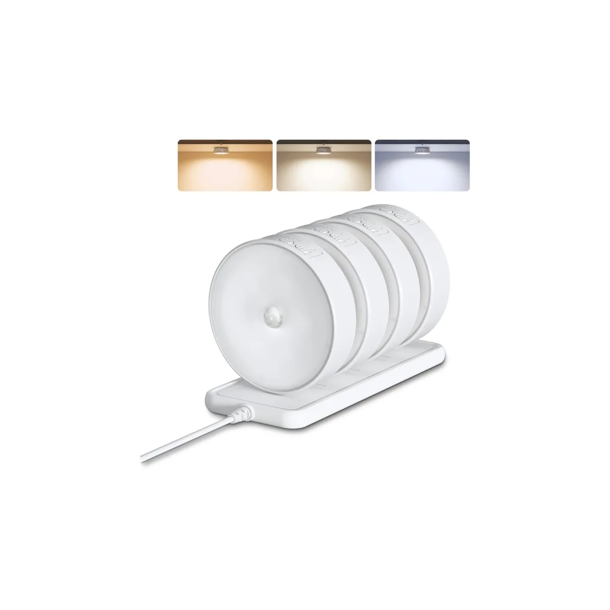 Four white puck lights and a matching charging base, all smooth ABS plastic with adhesive backing