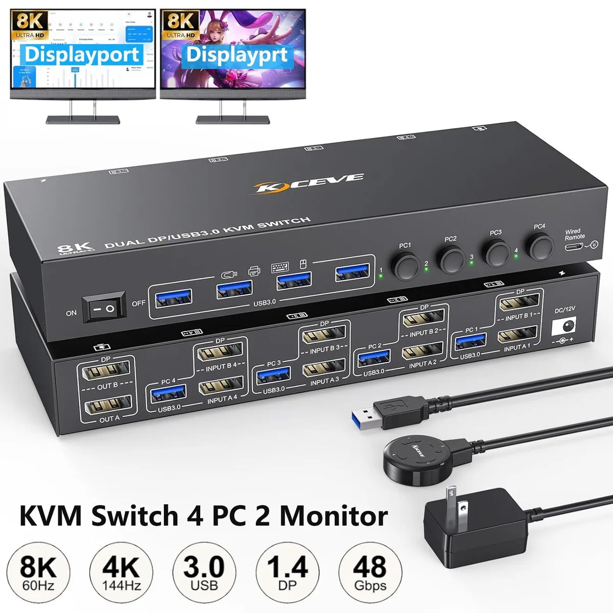 WRIARICH WRIARICH DisplayPort KVM Switch 4×2 USB 3.0 8K@30Hz 4K@144Hz — product photo
