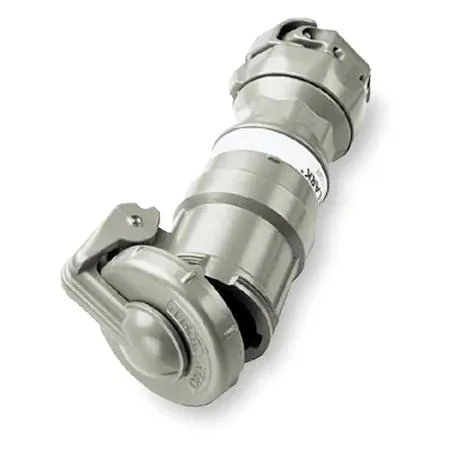 Gray industrial pin-and-sleeve connector, straight body, flip-up screw-on cap, corrosion-resistant powder-coated aluminum