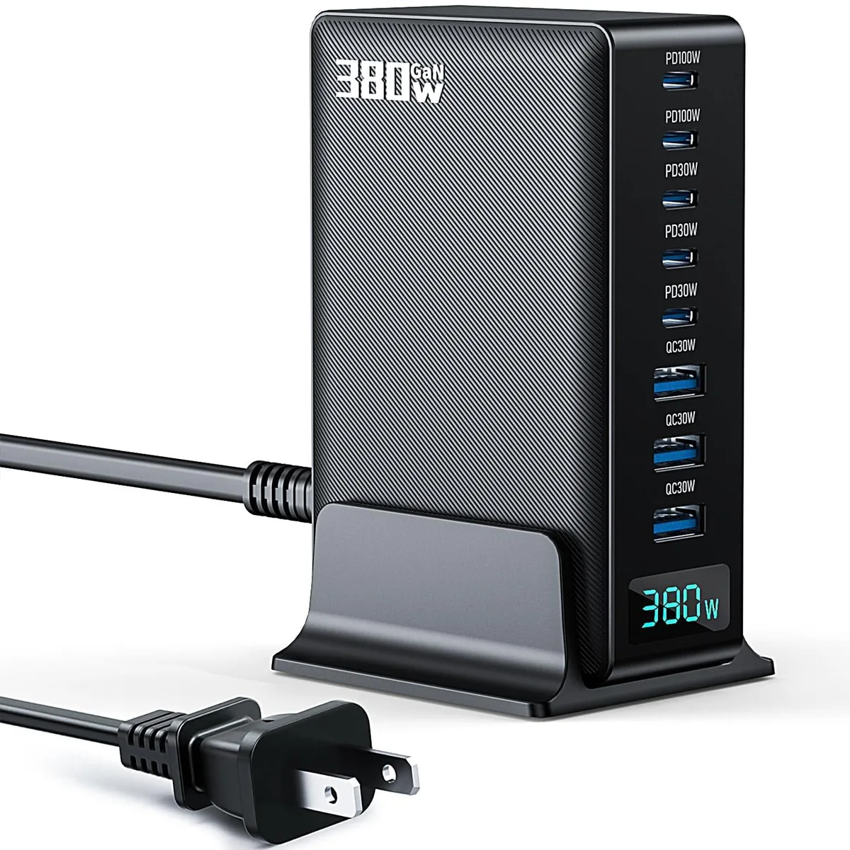 Black rectangular GaN charging station with eight USB ports on the front face